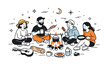 © Valentyna - Campfire evening scene. People gathered around a small campfire, cooking simple food and sharing a peaceful moment. Warm relaxed mood with gentle motion lines