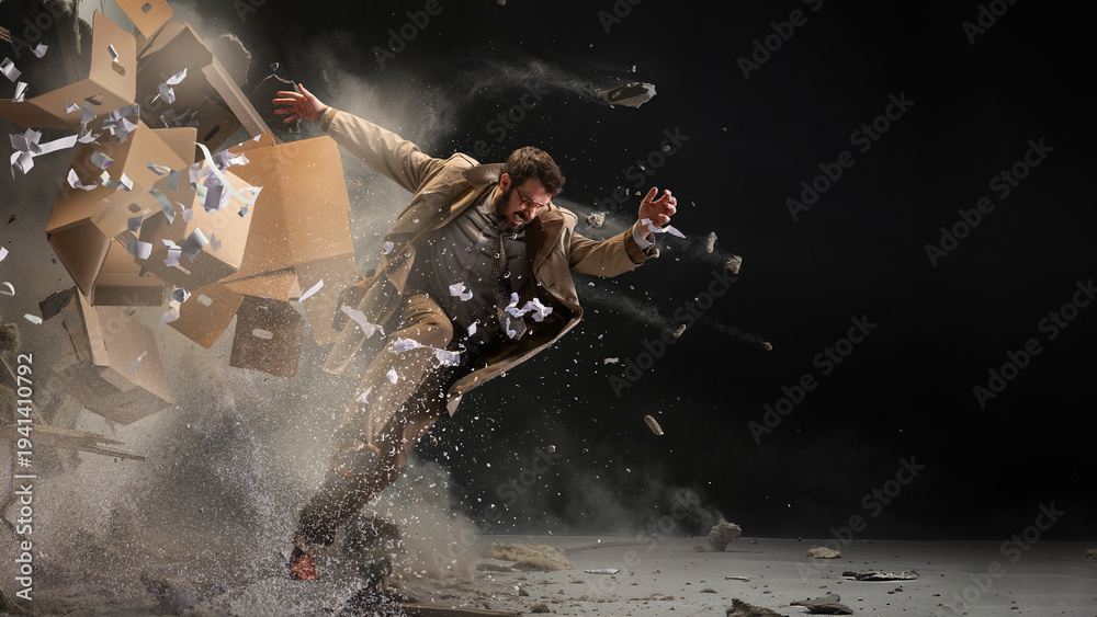 Exploding Businessman Business crisis with businessman thrown forward by exploding boxes and ...