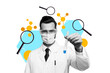 © deagreez - Creative collage young man doctor magnifying loop glass enlarger scientist mask eyewear protection experiment laboratory