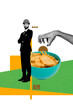 © deagreez - Art image vertical photo collage of serious architect man wear protective helmet stand crispy bowl potato chips fast food nutrition hand