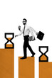 © deagreez - Vertical photo collage of serious businessman walk four hands multitask hourglass time management coffee isolated on painted background