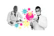 © deagreez - Picture collage creative image two scientists doctors create vaccine immune cure coronavirus protection epidemic treatment lab coats