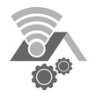 © Irfansaurus - Smart home automation system icon with house roof, wireless signal, and mechanical gears for IoT technology concept.