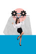© deagreez - Vertical poster collage young businesswoman entrepreneur celebrate success progress cogwheels optimization efficiency drawing background
