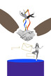© deagreez - Exclusive image vertical photo collage of two astonished man fall focused girl do yoga business people cooperation handshake gesture sms