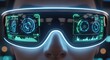 © pinto - Person wearing futuristic virtual reality goggles with neon blue displays and graphs in dark background