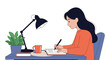 © Apon - Focused young woman sits at her desk at night writing in a notebook under the light of a small desk lamp.