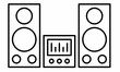 © Rustanto - outline sound system icon featuring two speakers with woofers and tweeters and a central sound control unit with equalizer display and buttons.vector illustration for music and sound equipment theme