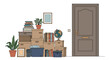 © CreativeGrid - Pile of cardboard moving boxes, books, plants, and a globe stacked next to a closed brown door illustrating a house relocation process.