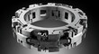 © IF.arc - Highly complex silver metallic industrial ring assembly with integrated spring tensioners and mechanical locking pins for heavy-duty aerospace and automotive manufacturing equipment.