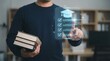© CuteBee - A person holding books points at a virtual graduation cap and checklist, symbolizing online learning, educational achievement, and future success.