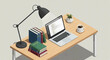 © Andika Bagas - Isometric view of a modern wooden desk with a laptop displaying code, books, a lamp, a plant, and a coffee cup, illustrating a productive workspace.