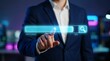 © Manu - Business professional interacts with futuristic digital interface, finger tapping a glowing search bar; camera slowly pans, ambient office lights flicker; cinematic, technology-themed.