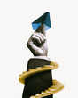 © svetazi - A spiral staircase next to a hand holding a paper airplane.