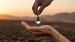 © Graphics Studio.com - Generous hand offers precious drop of water to dry, cracked palm under warm sunset sky