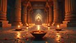 © Pete - Ancient stone temple interior with ornate columns dimly lit by rows of flickering oil lamps on floor. Deity statue visible at far end, creating sacred atmosphere for prayer and ritual.