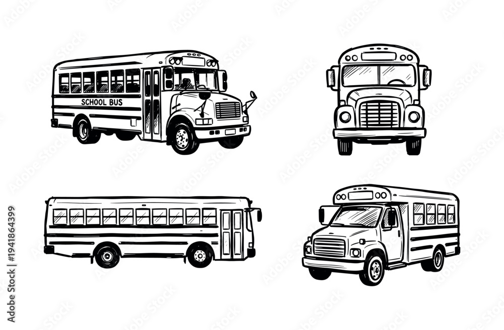 Four distinct black and white school bus illustrations are presented in ...