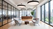 © TechNova Graphics - Modern office interior with city view and comfortable seating area