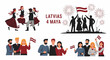 © Arkan - Illustration showing people celebrating Latvia national day, with traditional folk dancers, citizens holding national flags. Latvia national day scene displays national pride, cultural heritage,