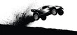 © Naveed Khan - Black and white illustration of a car jumping on a hill with splashing effect isolated on white background
