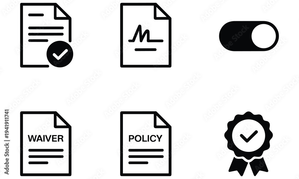 Complex Waiver Process Incon Black and white vector illustration set of documents including waiver ...