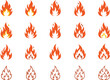 © Hafeza - Stylized flame icons in grid arrangement, solid orange, simplified, and outline variations, fire symbol illustration for design and iconography