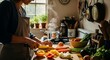 © UNREAL PROJECT - Woman in apron cutting fresh vegetables for healthy meal preparation in kitchen