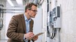 © Vasiliy - Technician inspecting electrical meter in a utility room. Professional man with clipboard checking energy panel. Industrial maintenance and facility management