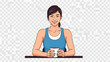 © jace - Woman relaxing with coffee cup at table in casual attire and bright smile