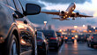 © syhin_stas - Modern luxury car driving on an illuminated city road with an airplane descending in the evening sky, symbolizing global travel, urban development, and efficient logistics
