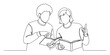 © Haus - Continuous one line of a two students discussing while pointing at textbooks, depicting group, collaborative and communicative learning, drawn illustration.