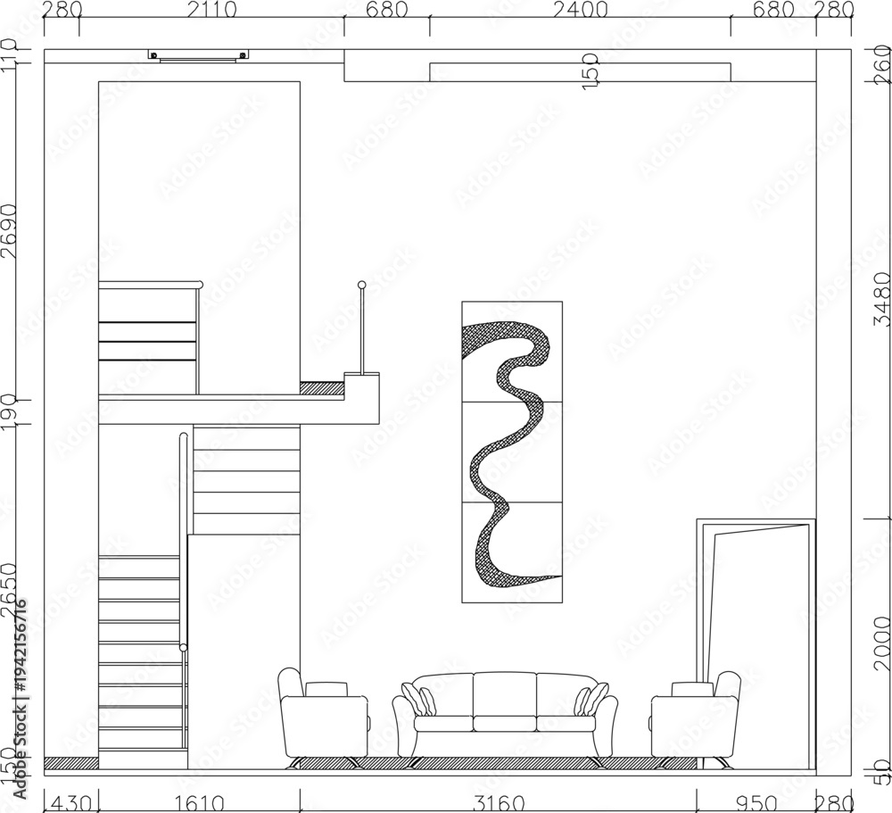 Detailed Architectural Section Drawing of Modern Living Room Interior ...