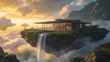 © SleepWorker - Luxury house on cliff edge with waterfall, surrounded by mountains at sunrise from aerial viewpoint