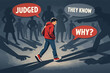 © IJ-studio - Young man walking through crowd feeling social anxiety, being judged and pointed at with negative thoughts