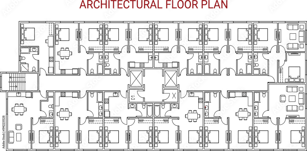 Detailed multi unit apartment building floor plan architectural drawing ...