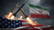 © Jim - Missiles launching against backdrop of United States and Iran flags. Geopolitical tension, military confrontation and international conflict concept. War & Conflict