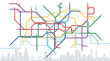 © galih - Abstract Metro Subway Map Illustration with Colorful Transit Lines over Modern City Skyline Silhouette for Urban Planning and Transportation Concepts