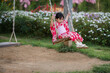 © geargodz - preschool child girl in yukata (kimono dress) playing on wooden swing in flower garden