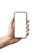 © Den - A fair skinned hand holds a dark gray smartphone with a blank white screen against a seamless transparent backdrop in studio lighting minimalist product concept