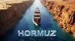 © ameena - Hormuz Strait: A breathtaking aerial perspective captures the strategic Hormuz Strait, aerial, wide-angle digital illustration of a large container ship navigating through a narrow desert strait with