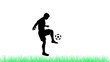© firman - Silhouette of a soccer player juggling a ball on green grass against a white background.