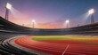 © Punnn - Stadium Sunset: An empty stadium at sunset, the track and field illuminated by bright stadium lights, with an inspiring view of dusk sky.