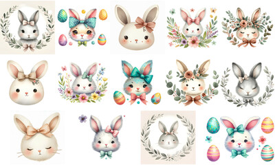  Cute Watercolor Easter Bunny Rabbits with Floral Wreaths Eggs Bows Clipart Set Illustration