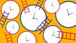 © foxndeer - concept of time management with many clocks and ladders on orange background