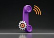 © Khan - Purple telephone handset with gear and signal waves  communication technology concept