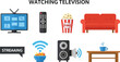 © Donjuan Studio - Illustration of TV watching Shows TV remote popcorn sofa streaming sign WiFi speaker  table with mug