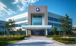© Delilah zoe - Front view of modern hospital building with blue cross symbol and green trees