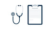 © Mitchell - Professional medical equipment including a blue and gray stethoscope next to a clipboard with a patient document for healthcare diagnosis.