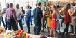 © Rawpixel.com - People enjoying a buffet. Buffet table with variety dishes at social event. Happy diverse people chatting and enjoy with food and drink. Buffet table with social gathering, diverse crowd, buffet.