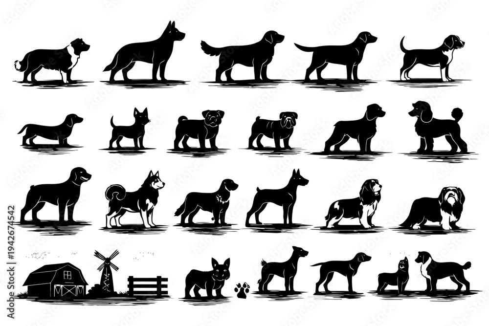 Silhouettes of various dog breeds with farm elements in black and white ...